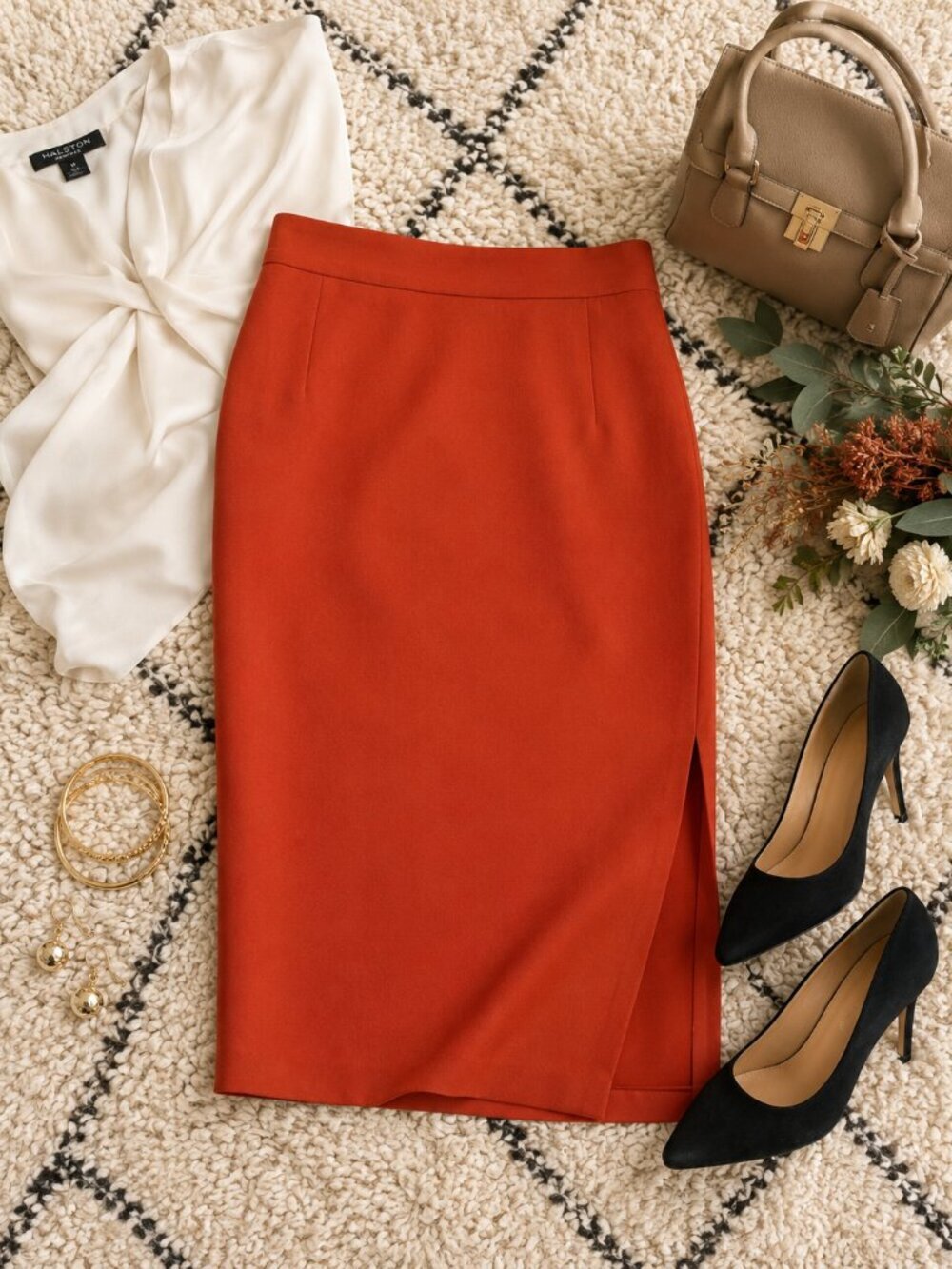 Halston Adobe Rust Pencil Skirt Stretch Pull-On Workwear Medium NWT